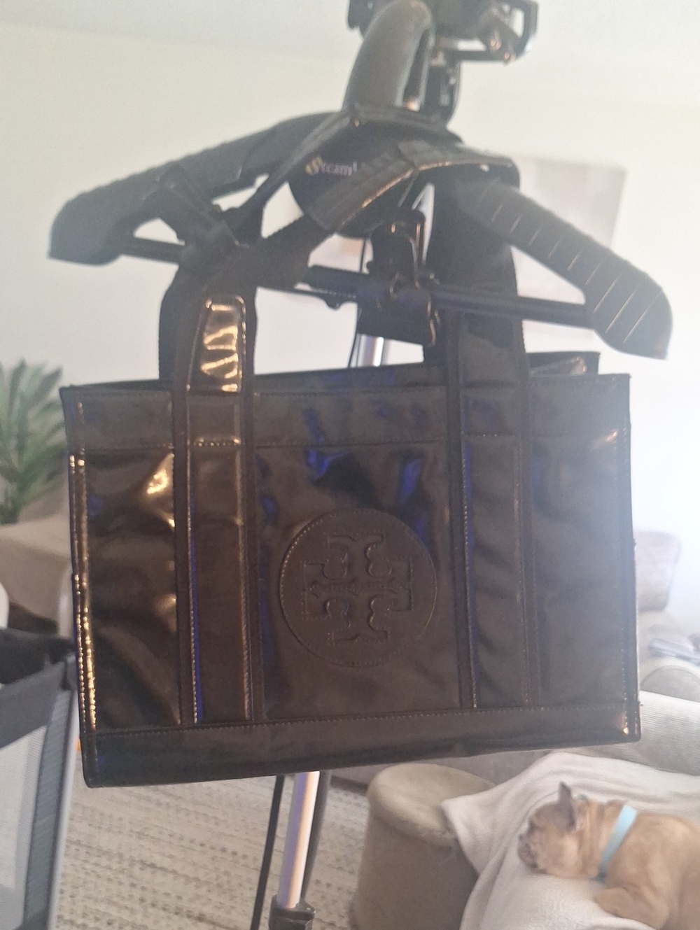 Tory Burch Black Patent Leather Messenger Tote with Logo